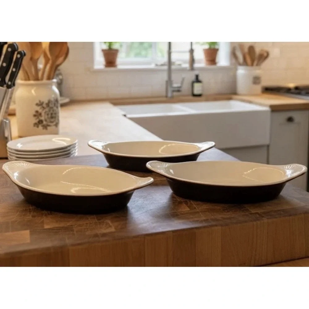 VTG HALCO Korea Ceramic Oval Au Gratin Baking Dish Set Brown Cream Oven Safe 3PC